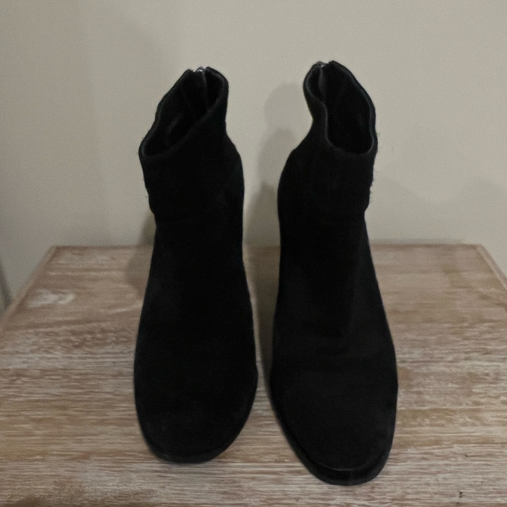 Black suede booties. Moving abroad so downsizing my closet!